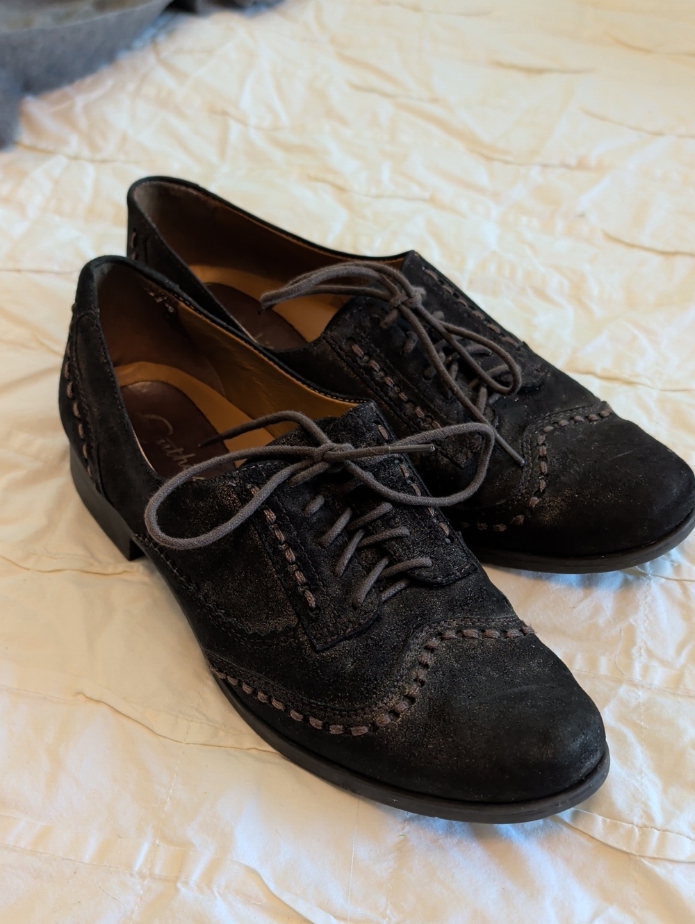 Earthies Women's Black Suede Lace-Up Wingtip Flats